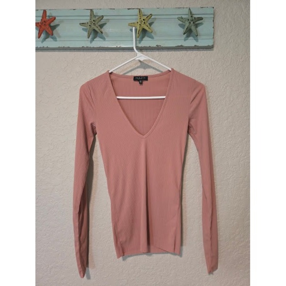 Rag & Bone New York Womens XXS Dusty Rose Pink Ribbed Long Sleeve V-Neck Top